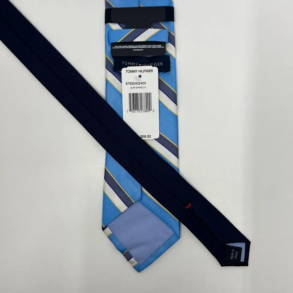 Tommy Hilfiger Men's 100% Silk Tie‎ Stripe Sky Blue/Purple/Yellow/White VTG NWT